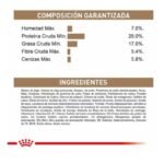 Tabla de Análisis Garantizado del alimento para gatos Royal Canin Ageing 12+. Se muestra además todos sus ingredientes