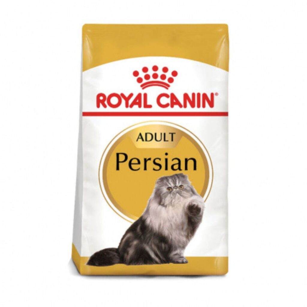 Empaque frontal del alimento para gato Royal Canin Gato Persa. El paquete presenta un fondo de color blanco, con imágenes de un gato persa adulto saludable. En la parte superior, destaca el logotipo de Royal Canin, junto con la indicación 'Adult Persian'